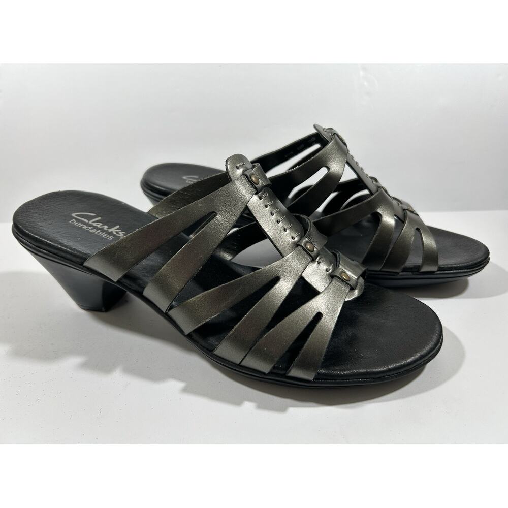 Clarks Bendables Carrie Rose Metallic Pewter Leather Sandals Size 8.5 Wide